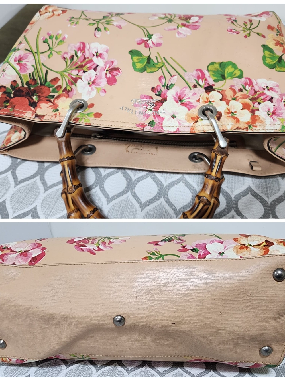 GUCCI Shangai Calfskin Blooms Print Medium Bamboo Shopper Tote Pink/Multicolor - Picture 7 of 14